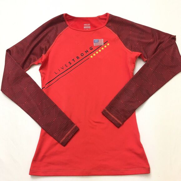 NIKE Pro Livestrong Shirt Women's S Red Graphic Long Sleeve Base Layer Raglan - Picture 1 of 15